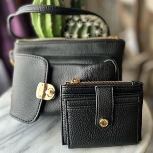 Chic Black Leather Crossbody Bag and Wallet Set